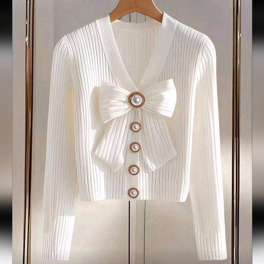Women's Faux Pearl Button Design Bow Decor Ribbed Long Sleeve Elegant T-Shirt